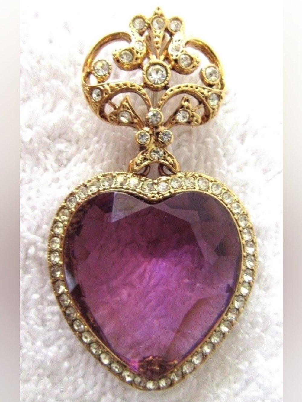 Vintage Bougie Antique Amethyst Gold-Tone Heart Pendant Crystal Broach